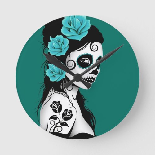 Teal Blue Day of the Dead Sugar Skull Girl Round Clock