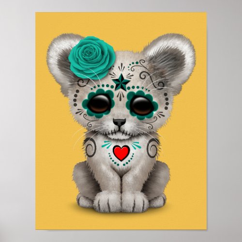 Teal Blue Day of the Dead Sugar Skull Lion Cub Poster