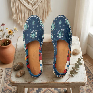 Teal Blue Decorative Spring Garden Paisley Motifs Espadrilles
