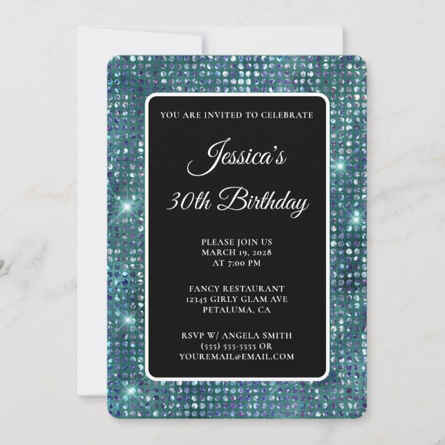 Teal Blue Diamond Black and White 30th Birthday Invitation (Front)