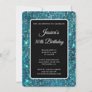 Teal Blue Diamond Black and White 30th Birthday Invitation