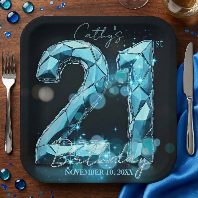 Teal Blue Diamond Crystal 21st Birthday Black Paper Plates (Creator Uploaded)