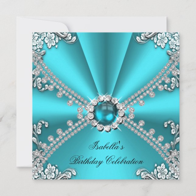 Teal Blue Diamond Jewel Silver Birthday Party Invitation (Front)