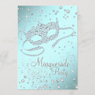 Teal Blue Diamond Mask Masquerade Party Invitation