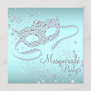 Teal Blue Diamond Mask Masquerade Party Invitation