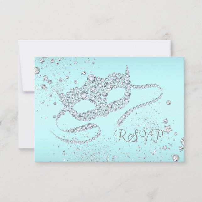 Teal Blue Diamond Mask Masquerade Party RSVP Card (Front)
