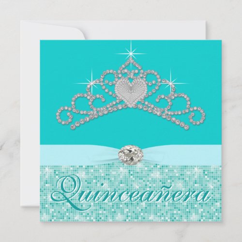 Teal Blue Diamond Tiara Teal Blue Quincenera Invitation