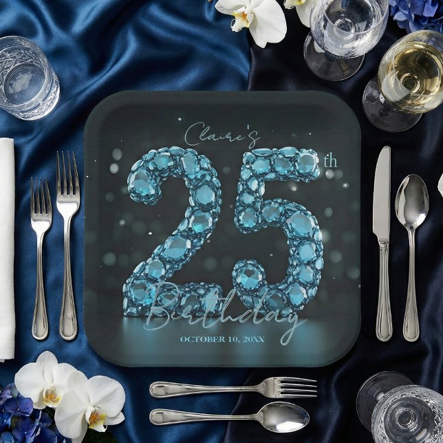 Teal Blue Diamonds Glamorous 25th Birthday Party Paper Plates (Creator Uploaded)