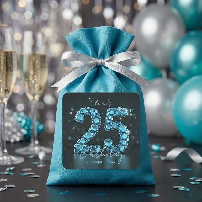 Teal Blue Diamonds Glamour 25th Birthday Party Square Sticker (Creator Uploaded)