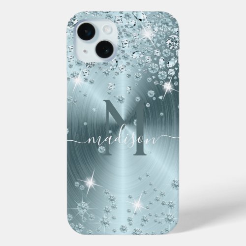 Teal Blue Diamonds _ Personalized iPhone 15 Plus Case
