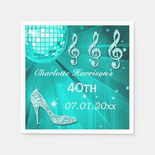 Teal Blue Disco Ball and Sparkle Heels 40th Paper Napkins