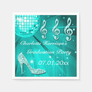 Teal Blue Disco Ball and Sparkle Heels Graduation Napkins