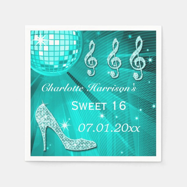 Teal blue Disco Ball and Sparkle Heels Sweet 16 Napkins (Front)