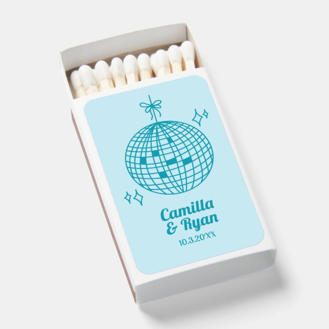 Teal Blue Disco Wedding Favor Personalized Matches (Front Open)