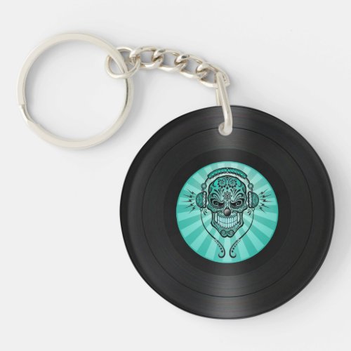 Teal Blue Dj Sugar Skull on Vinyl Record Graphic Keychain
