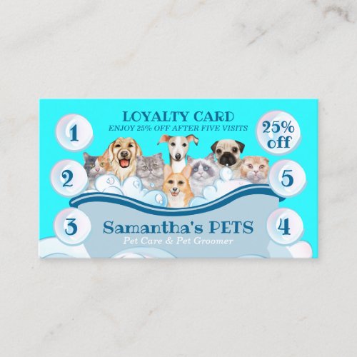 Teal Blue Dog Cat Groomer Pet Care Bath Loyalty Business Card