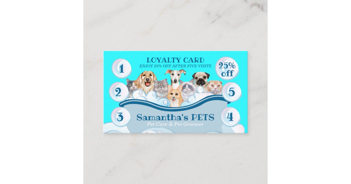 Teal Blue Dog Cat Groomer Pet Care Bath Loyalty Business Card | Zazzle - Nearby Cat Groomer That Offer Loyalty Program