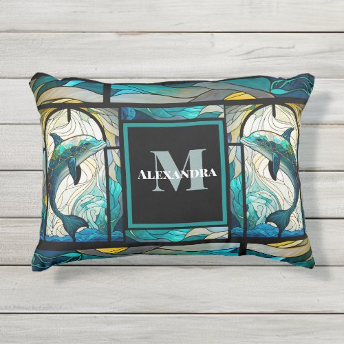 Teal Blue Dolphin Look of Stained Glass Accent  Outdoor Pillow