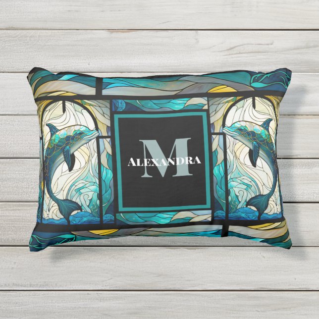 Teal Blue Dolphin Look of Stained Glass Accent  Outdoor Pillow (Front)