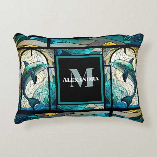 Teal Blue Dolphin Look of Stained Glass Accent Pillow