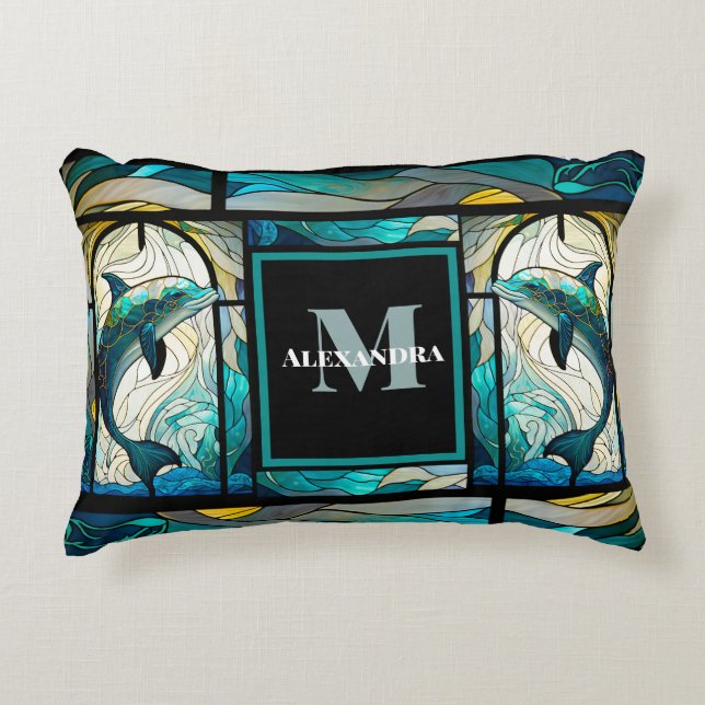Teal Blue Dolphin Look of Stained Glass Accent Pillow (Front)