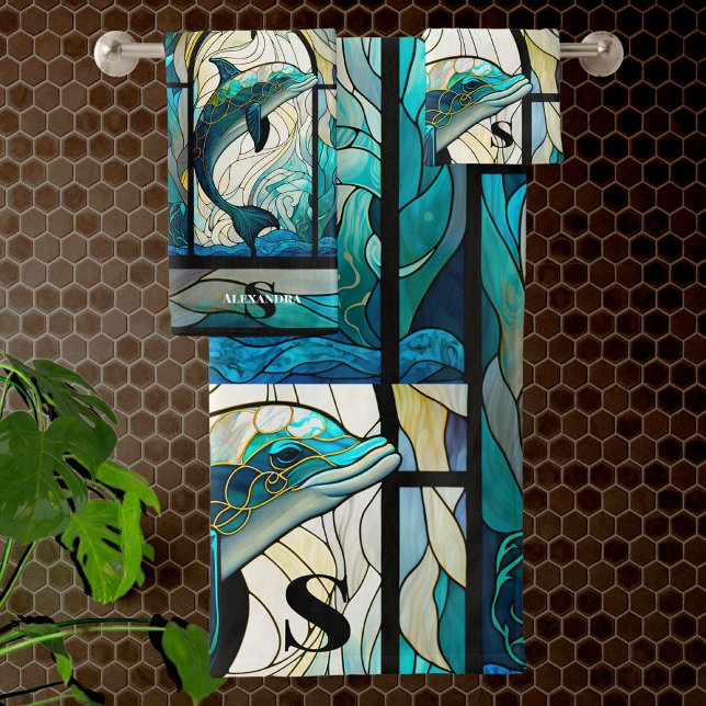 Teal Blue Dolphin Look of Stained Glass Bath Towel Set (Creator Uploaded)