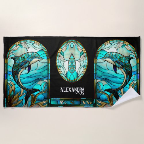 Teal Blue Dolphin Look of Stained Glass Beach Towel