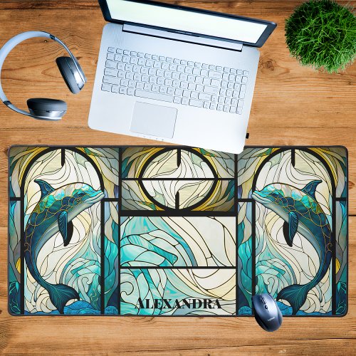 Teal Blue Dolphin Look of Stained Glass Desk Mat