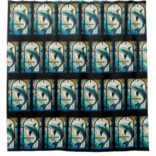 Teal Blue Dolphin Look of Stained Glass Shower Curtain