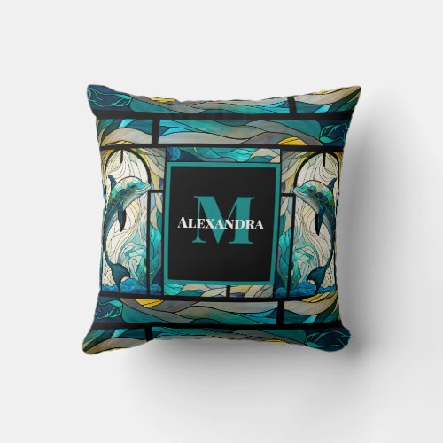 Teal Blue Dolphin Look of Stained Glass Throw Pillow