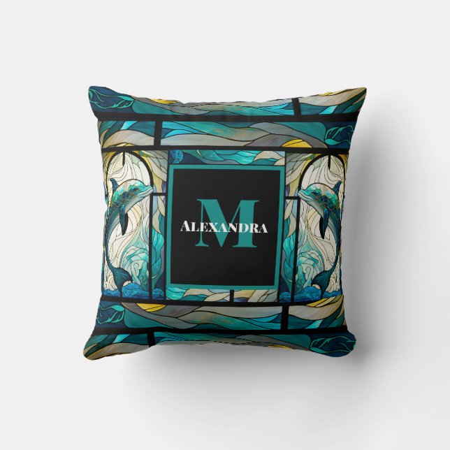 Teal Blue Dolphin Look of Stained Glass Throw Pillow (Back)