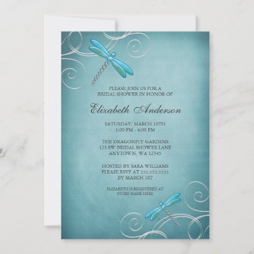 Teal Blue Dragonfly Swirls Bridal Shower Invitation