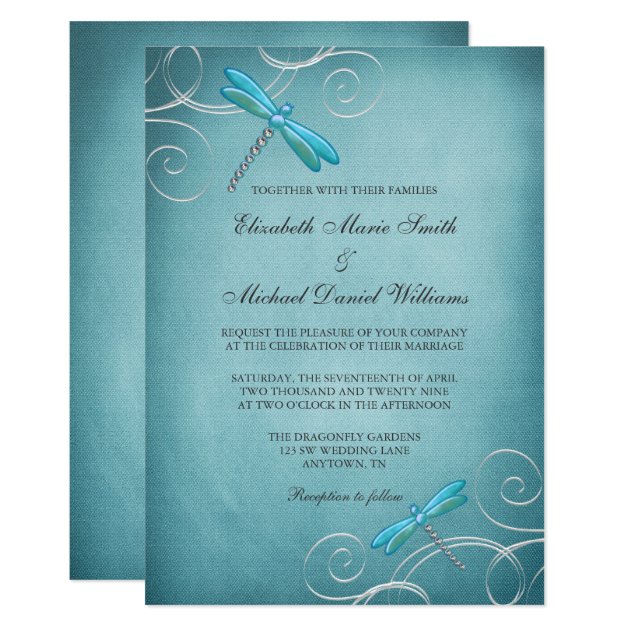 Teal Blue Dragonfly Swirls Wedding Invitation