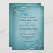 Teal Blue Dragonfly Swirls Wedding Invitation (Front/Back)