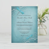 Teal Blue Dragonfly Swirls Wedding Invitation (Standing Front)