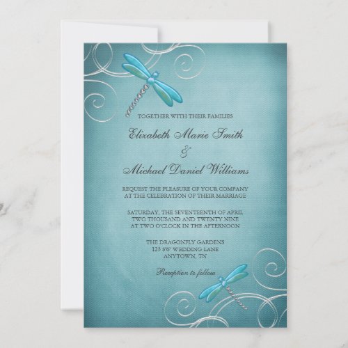 Teal Blue Dragonfly Swirls Wedding Invitation