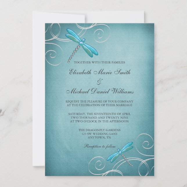 Teal Blue Dragonfly Swirls Wedding Invitation (Front)