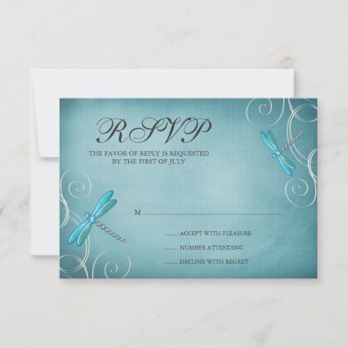 Teal Blue Dragonfly Swirls Wedding Response Card
