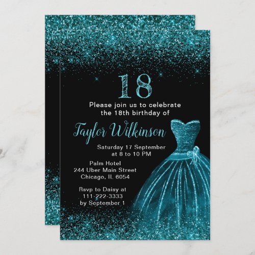 Teal Blue Dress Faux Glitter Birthday Party Invitation