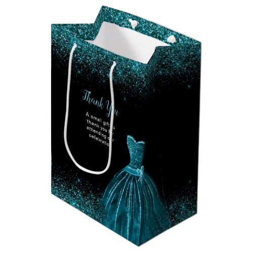 Teal Blue Dress Faux Glitter Birthday Party Medium Gift Bag