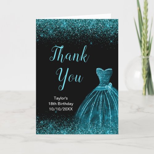 Teal Blue Dress Faux Glitter Birthday Thank You