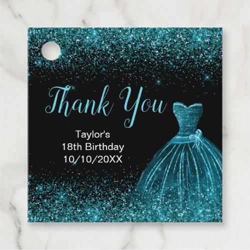 Teal Blue Dress Faux Glitter Birthday Thank You Favor Tags