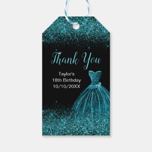 Teal Blue Dress Faux Glitter Birthday Thank You Gift Tags
