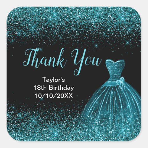 Teal Blue Dress Faux Glitter Birthday Thank You Square Sticker