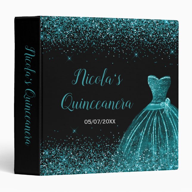 Teal Blue Dress Faux Glitter Quinceanera Album 3 Ring Binder (Front/Spine)