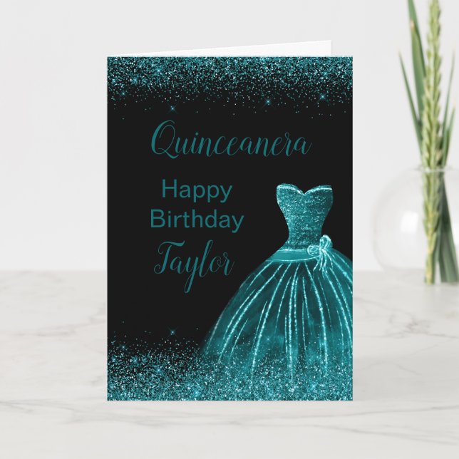 Teal Blue Dress Faux Glitter Quinceanera Card (Front)