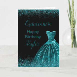 Teal Blue Dress Faux Glitter Quinceanera Card
