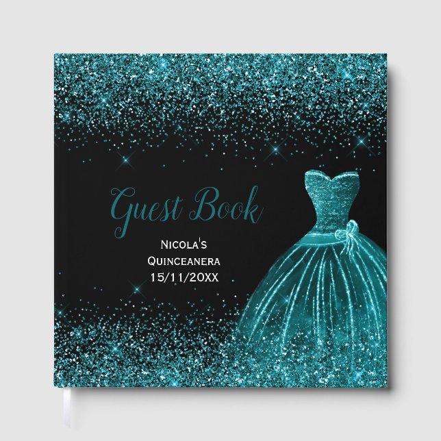 Teal Blue Dress Faux Glitter Quinceanera Guest Book (Front)