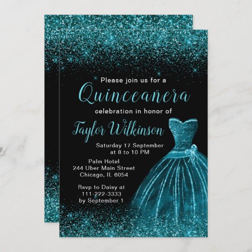 Teal Blue Dress Faux Glitter Quinceanera Invitation