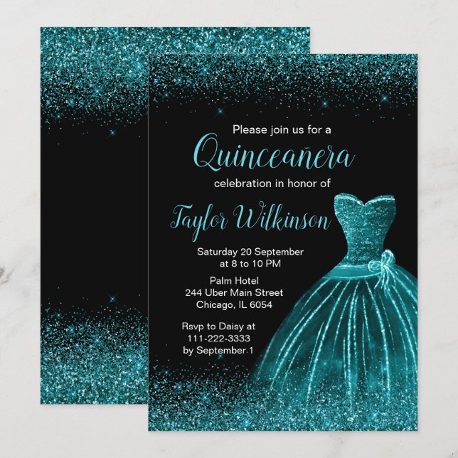 Teal Blue Dress Faux Glitter Quinceanera Invitation (Front/Back)